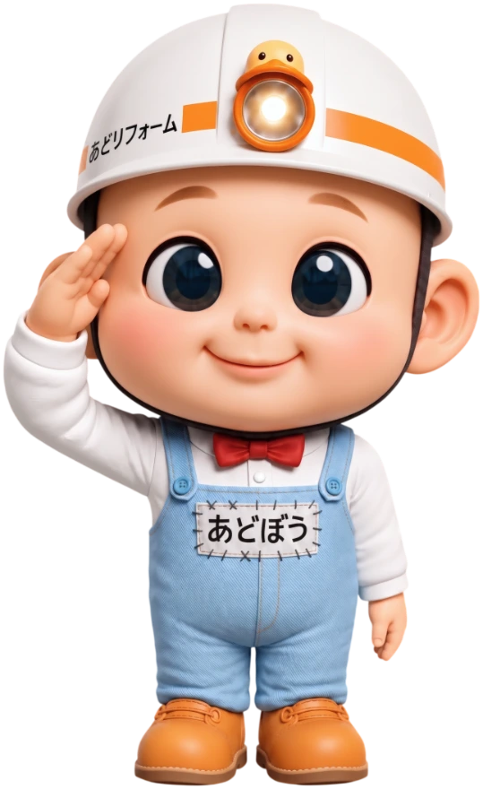 ヘルメットをかぶり、敬礼しているあどリフォームのキャラクター「あどぼう」