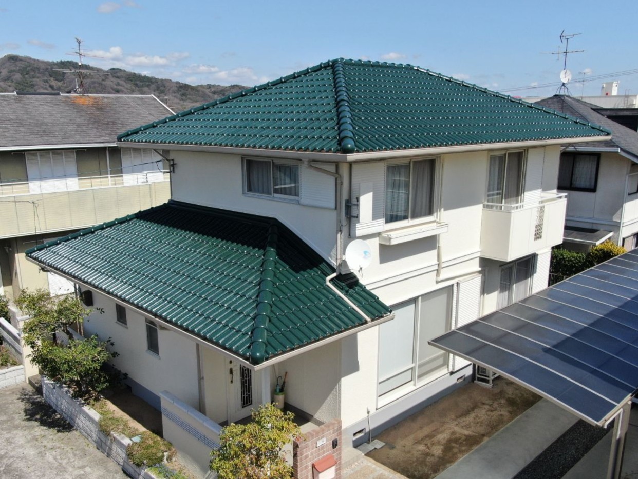 岡山県赤磐市｜桜が丘｜屋根・外壁塗装｜グリーン×アイボリーで爽やか！遮熱＆超耐久🏠✨